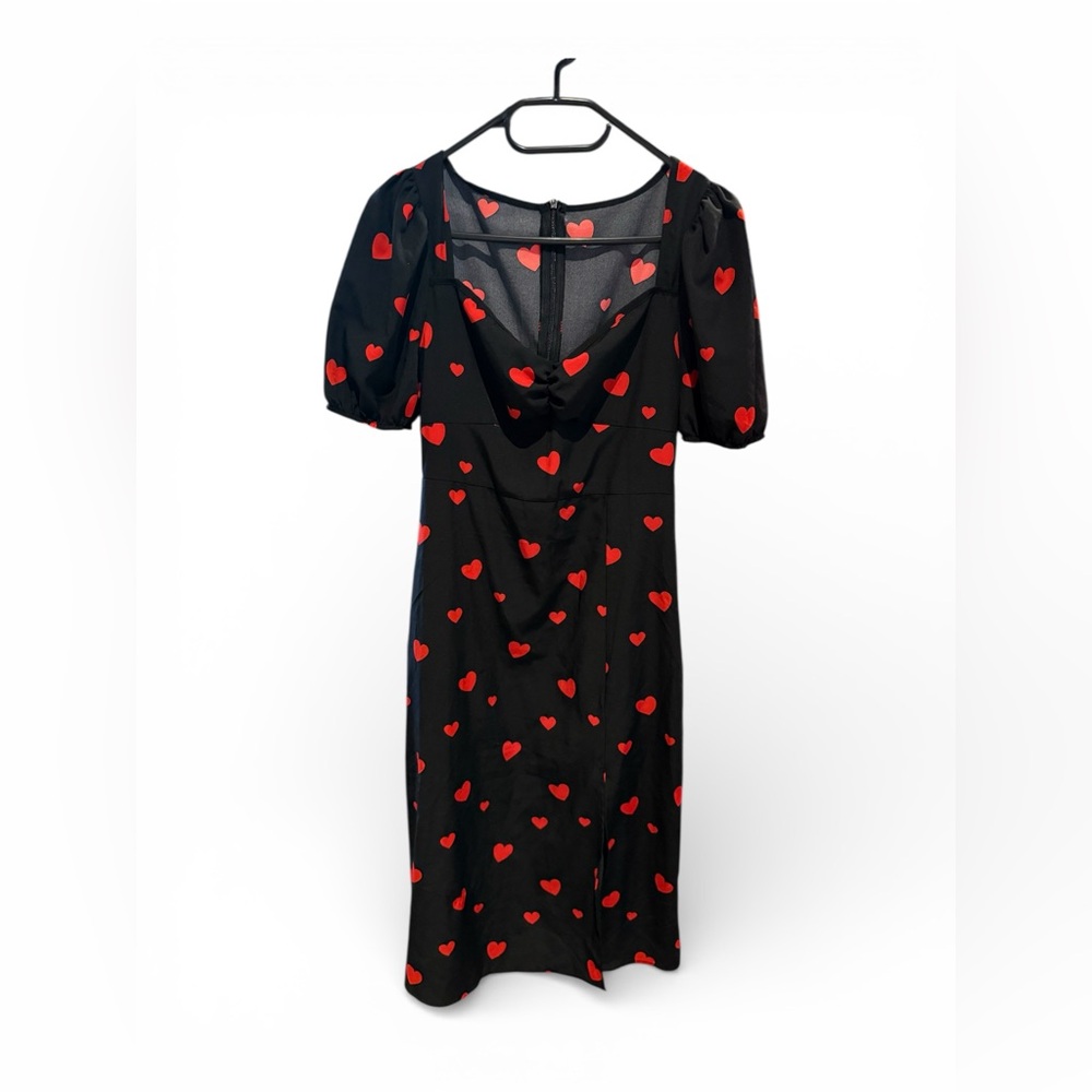 ☮️Black Red Heart Puff Sleeve Midi Dress Coquette Romantic Y2K Valentine